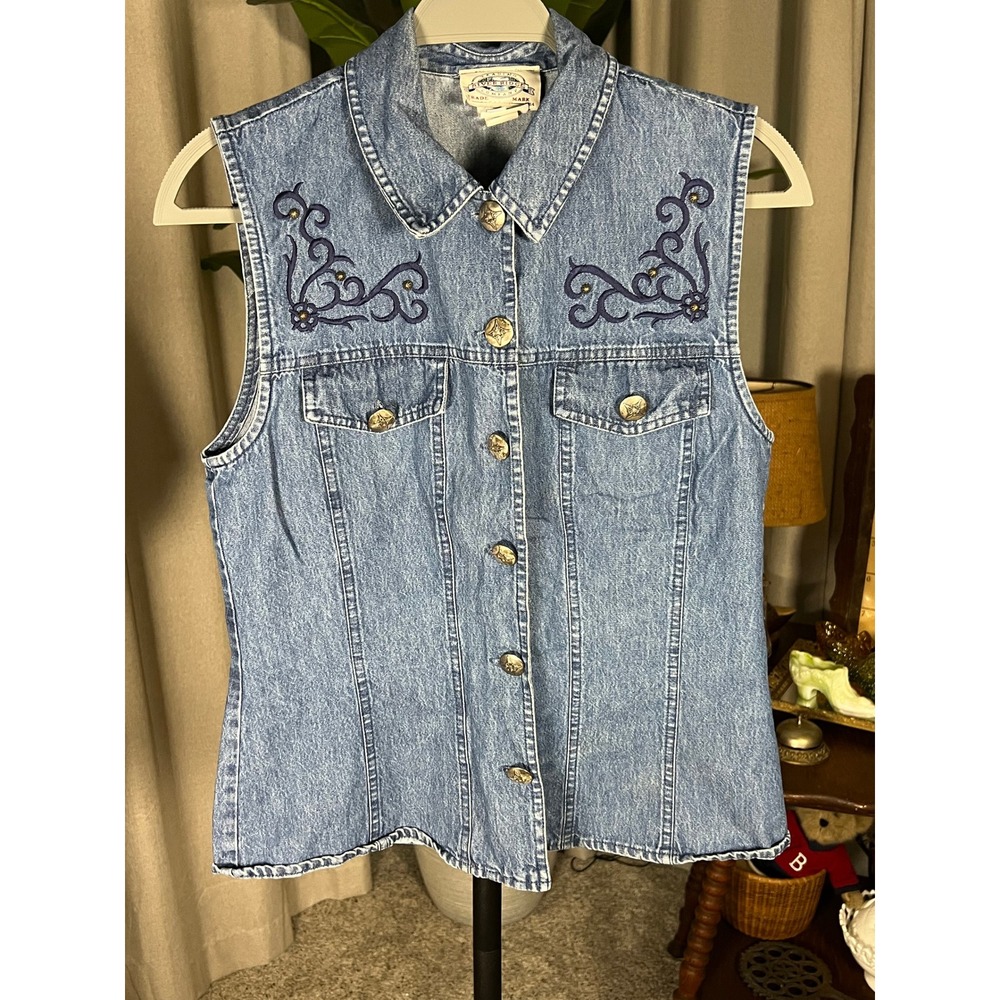 River Ridge Trading Company Womens Blue Denim Embroidered Western Vest Small